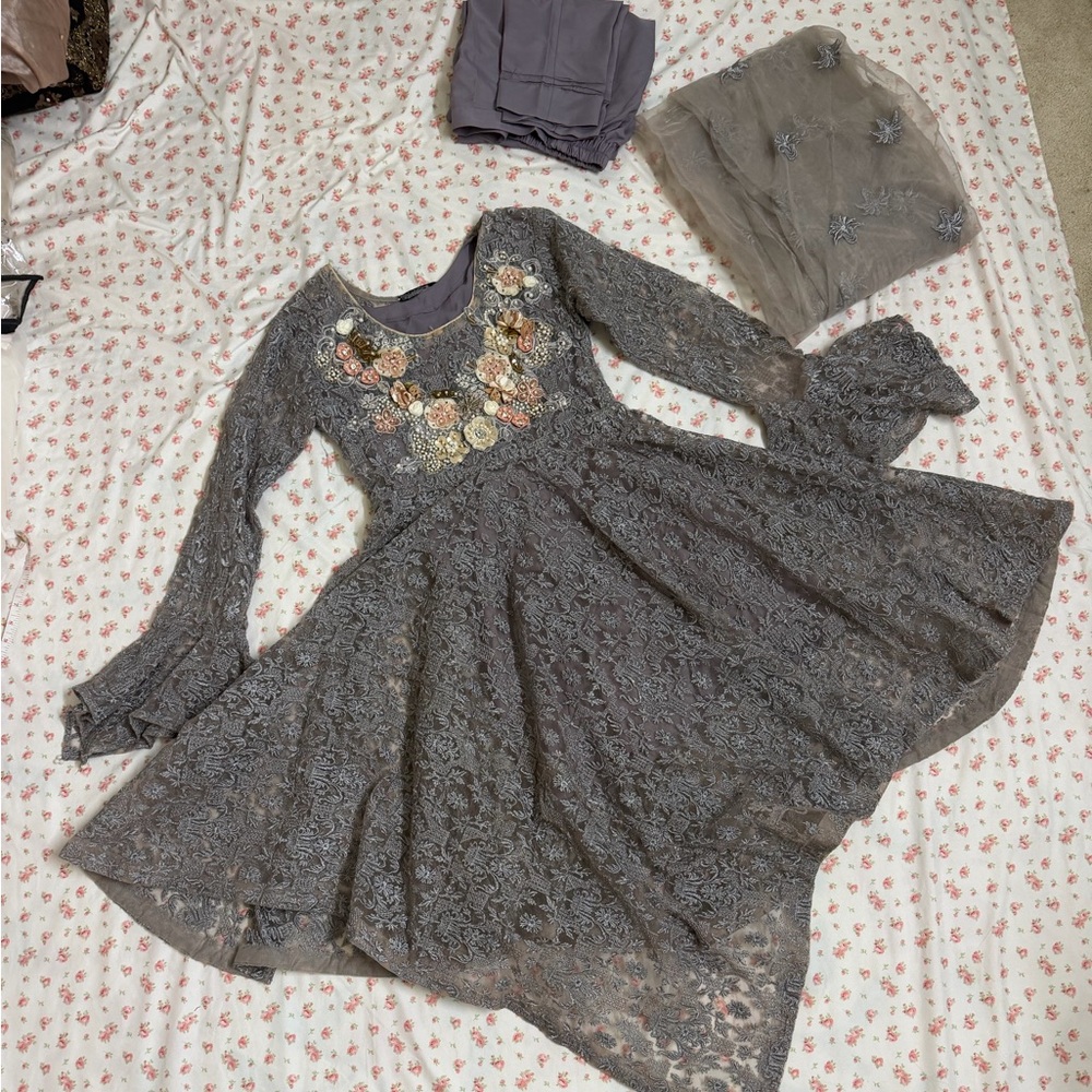3 pc lavender panache embroidered flower suit with beading
